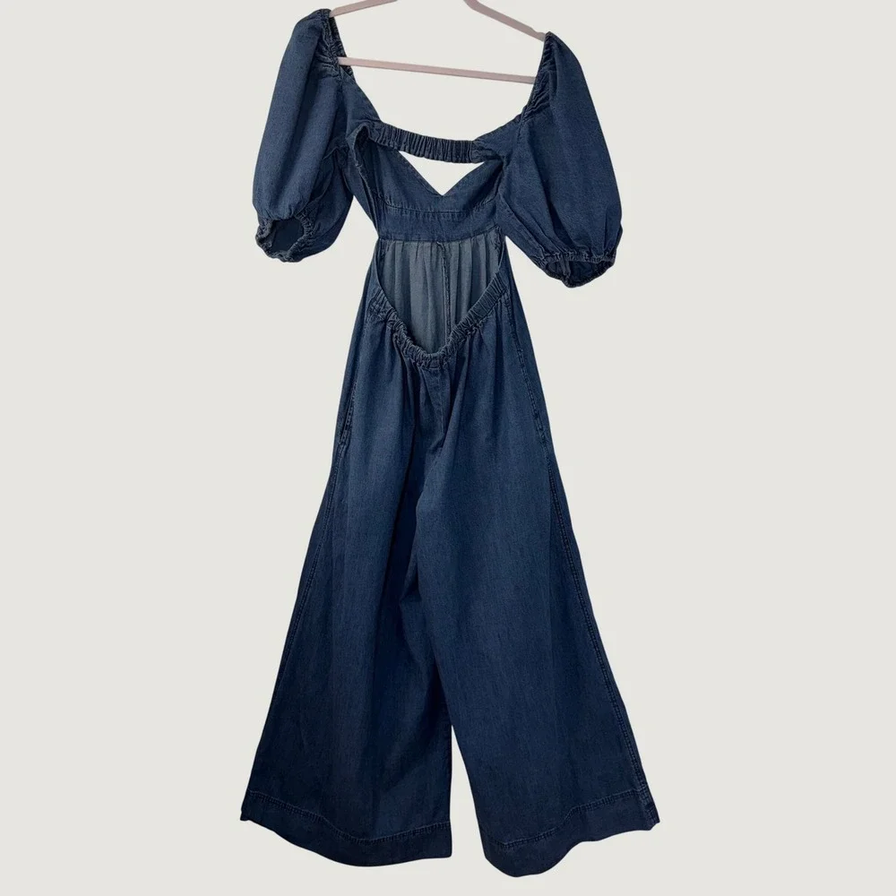 Free People Chambray Palazzo Jumpsuit Open Back Puff Sleeve Boho Cottagecore